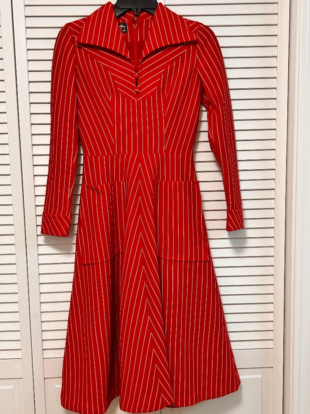 Vintage 70s Red Pinstripe Dagger Collar A Line Midi Dress